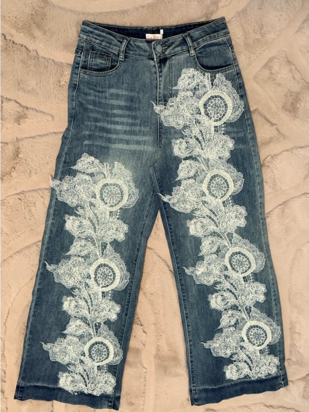 Women’s Dark Blue Embroidered Jeans with White Lace Motif